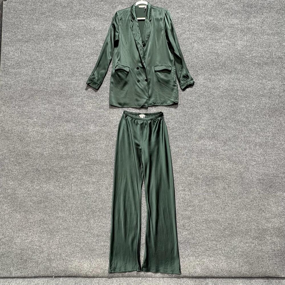 Silk Laundry 2 Piece Jacket Pants Set Womens M Green 100% Silk Satin Lounge